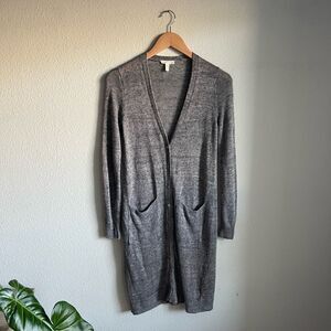 Eileen Fisher Organic Linen Long Button Front Cardigan with Pockets in Grey